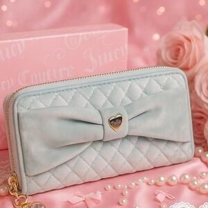 Juicy Couture Quilted Bow Zip-Around Wallet Light Blue Heart Charm NWT